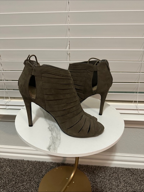 Shoes - Women's Olive Suede Peep-Toe High Heel Booties